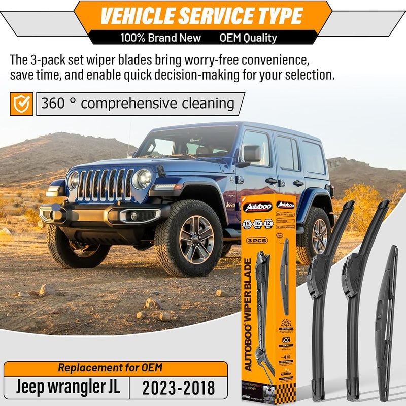 AUTOBOO 16"+16" Windshield Wipers with 12 Inch Rear Wiper Blade Replacement for Jeep wrangler JL 2018 2019 2020 2021-Original Factory Quality (Pack of 3) - Image 2