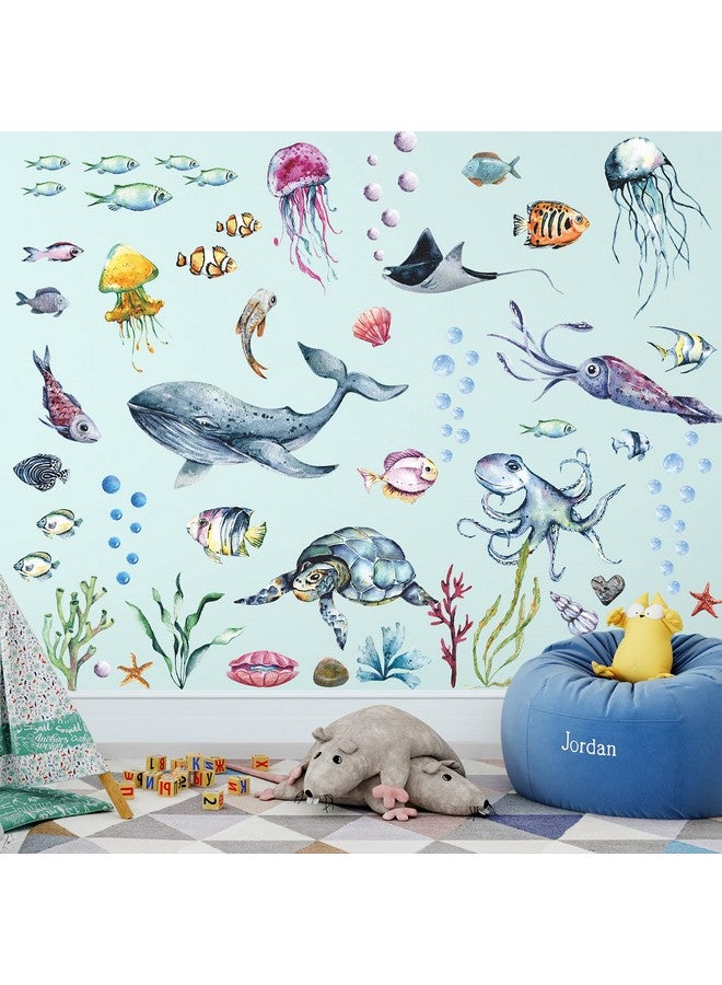LiveGallery Ocean Life Wall Decals Under The Sea Wall Stickers Whale Jellyfish Clownfish Sea Turtle Cuttlefish Shell Seaweed Conch Coral Wall Decorations For Kids Bedroom Living Room Nursery - Image 1