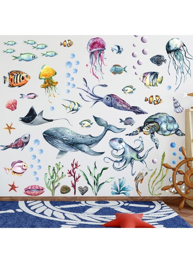 LiveGallery Ocean Life Wall Decals Under The Sea Wall Stickers Whale Jellyfish Clownfish Sea Turtle Cuttlefish Shell Seaweed Conch Coral Wall Decorations For Kids Bedroom Living Room Nursery - Image 2