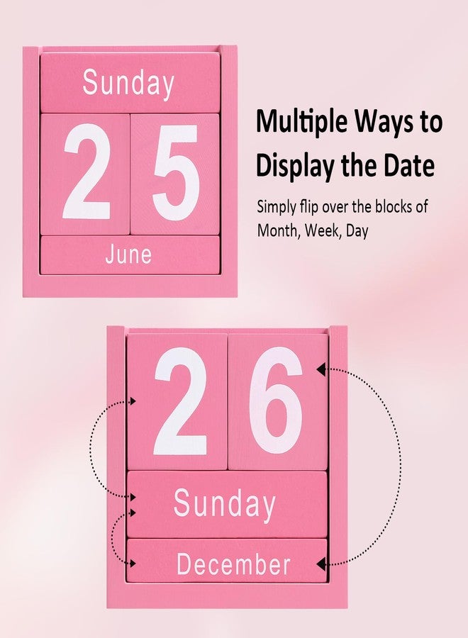 DEERINE Wooden Block Calendar for Desk, Daily Desktop Perpetual Desk Calendar, Cute Date Display Blocks Desk Accessory for Home Office Decor, Teacher, Classroom, Reusable Yearly, Pink - Image 3