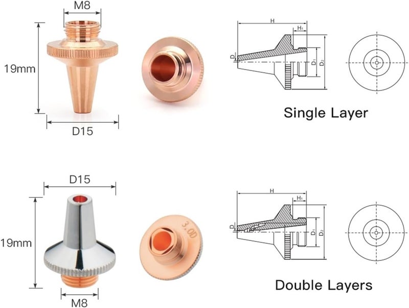 Laser Cutting Nozzle，10PCS 3D Nozzle M8 Dia.15mm Height 19mm Single & Double Layer for Fiber Machine Welding Nozzles(3.0mm) - Image 4