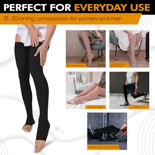 Doc Miller Thigh High Open Toe Compression Stockings 15-20mmHg for Varicose Veins, Pregnancy Support Open Toe Thigh High Compression Socks for Women and Men (Black, Medium) - Image 2