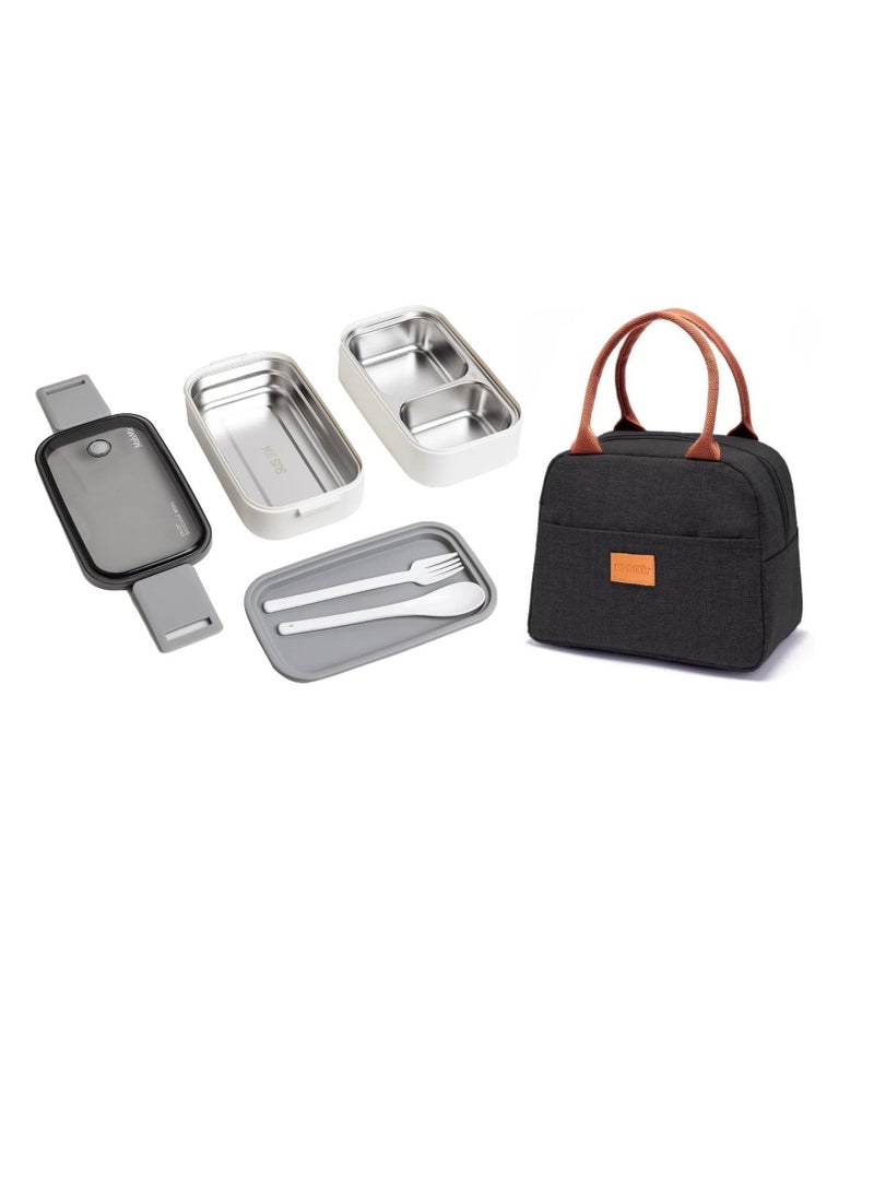 MahMir Stainless Steel Lunch Box - Insulated Bento Box Multifunctional-Containers Lunch Box with 2 Compartments & Tableware(304 stainless steel) lunch box with Lunch MahMir Lunch bag (White + Lunch Bag)  - Image 2