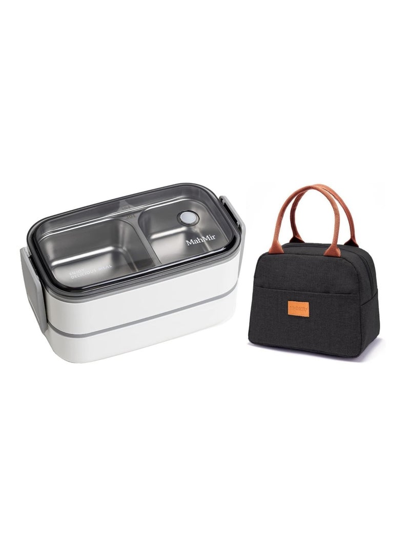 MahMir Stainless Steel Lunch Box - Insulated Bento Box Multifunctional-Containers Lunch Box with 2 Compartments & Tableware(304 stainless steel) lunch box with Lunch MahMir Lunch bag (White + Lunch Bag)  - Image 1