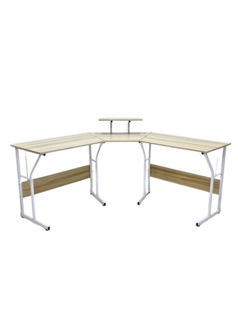 KARNAK Ergonomic Corner Gaming Computer Desk – Beige Wood & Metal Frame 