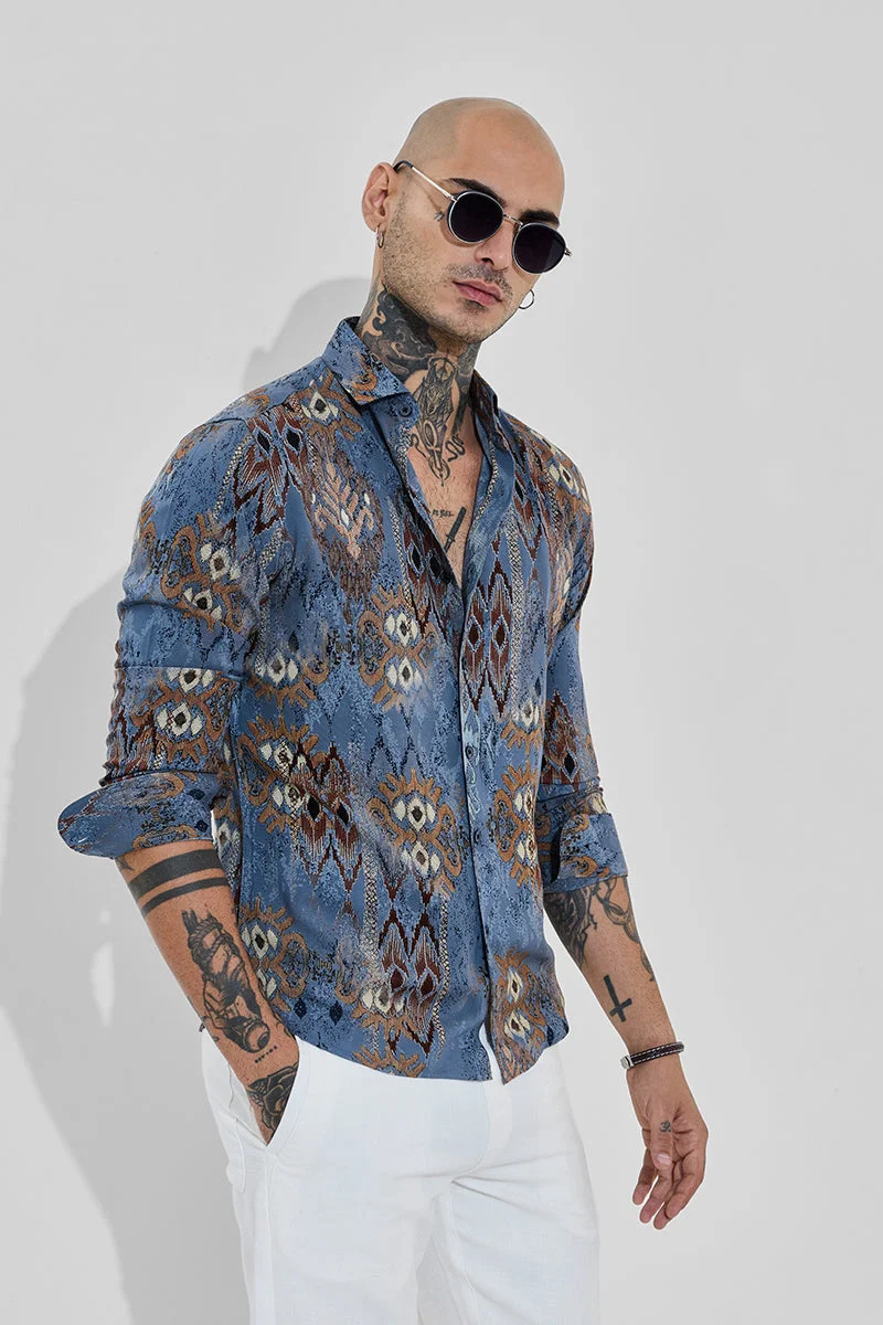 SNITCH Blue Abstract Long Sleeve Slim Fit Casual Shirt