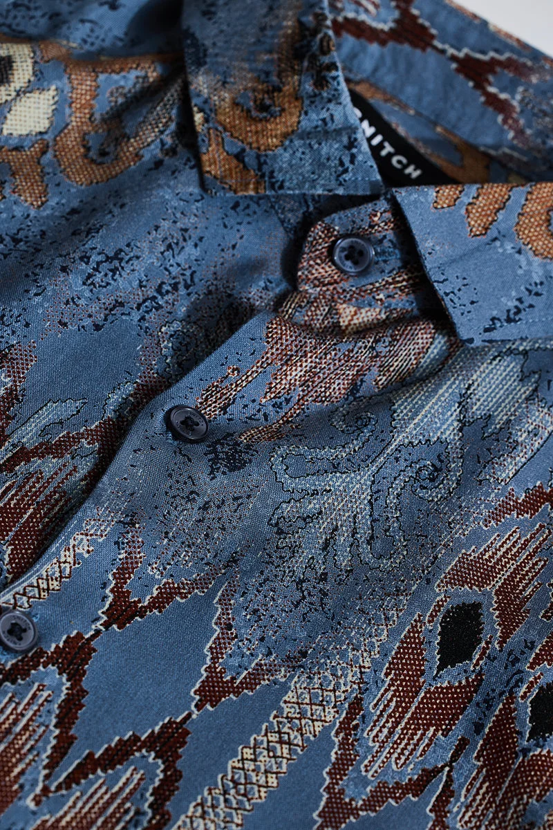 SNITCH Blue Abstract Long Sleeve Slim Fit Casual Shirt
