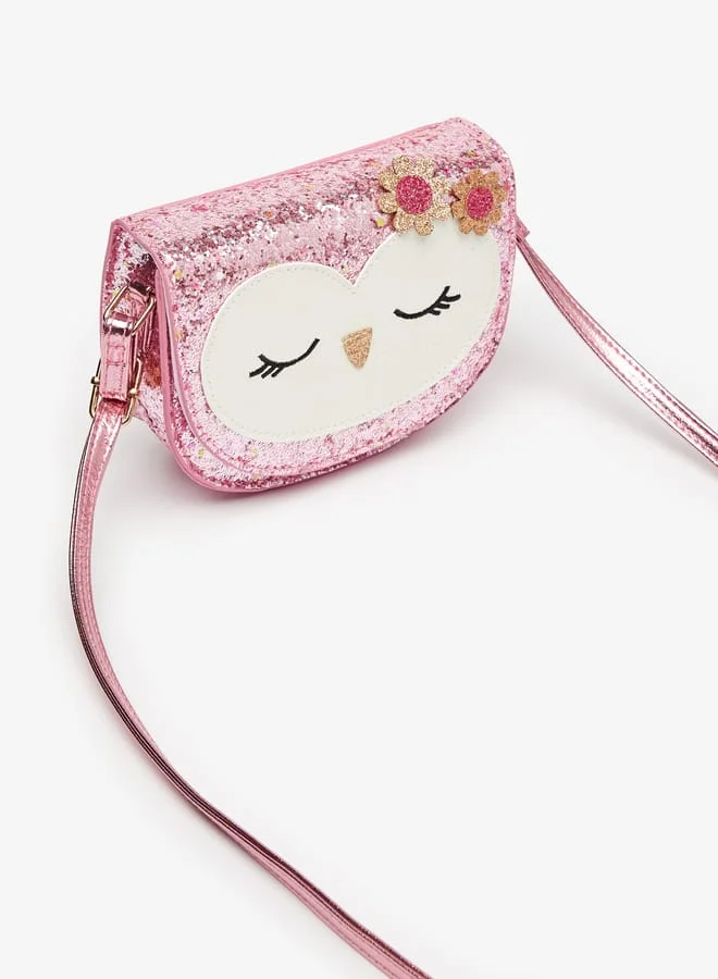 Little Missy Girls Glitter Textured Handbag with Owl Applique