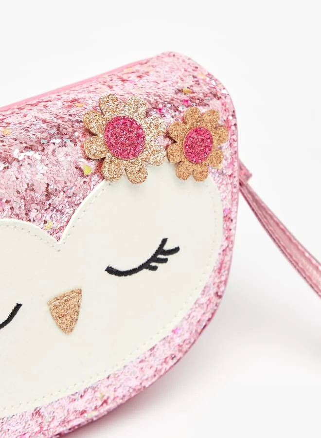 Little Missy Girls Glitter Textured Handbag with Owl Applique