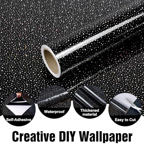 Laceskyso Black Contact Paper with Holographic Glitter - 15.7”x78” Peel and Stick Wallpaper Waterproof Vinyl for Kitchen Countertops & Cabinets - Image 2