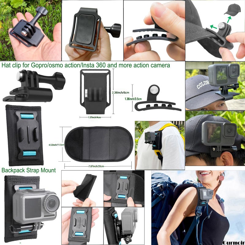 Gurmoir Accessory Kit for DJI Osmo Action 6/5 pro/4/Insta 360 X5 X4 /Go Pro Hero13 12/Gopro Max 2, Bike Mount/Hat Clip/Helmet Strap/Backpack Mount kit for Gopro/Osmo Action/Insta 360(DT18) - Image 3