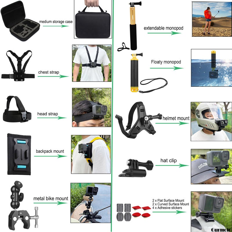 Gurmoir Accessory Kit for DJI Osmo Action 6/5 pro/4/Insta 360 X5 X4 /Go Pro Hero13 12/Gopro Max 2, Bike Mount/Hat Clip/Helmet Strap/Backpack Mount kit for Gopro/Osmo Action/Insta 360(DT18) - Image 5