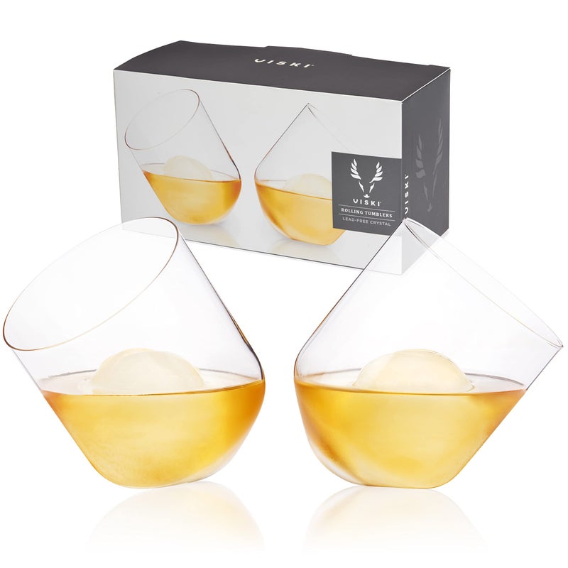 Viski Rolling Crystal Whiskey Tumblers Set Of 2 - Premium Crystal Clear Glass  Classic Lowball Cocktail Glasses  Scotch Glass Gift Set - 12 Oz - Image 1