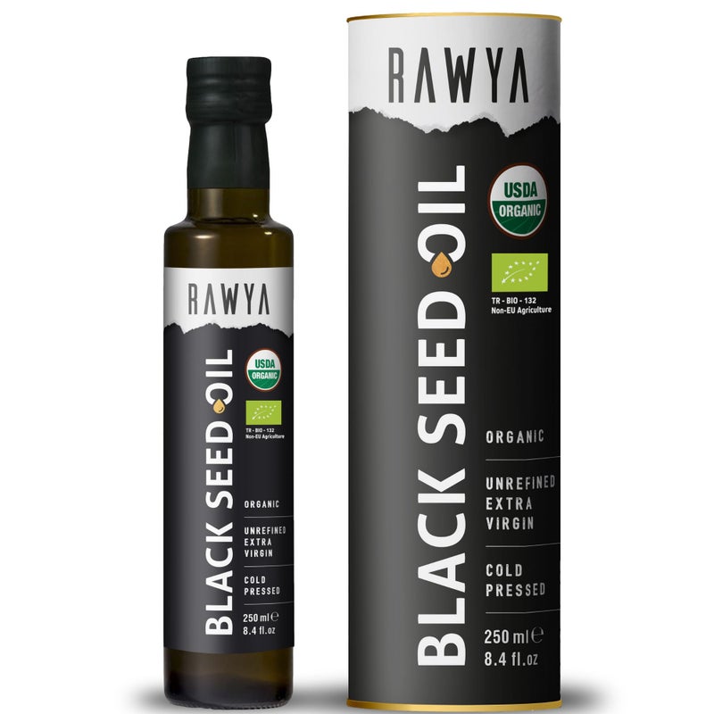 rawya زيت حبة البركة RAWYA | طعم قوي إضافي، محتوى عالي من الثيموكينون، معصور على البارد من حبة البركة، غير معدّل وراثيًا، بذور الكمون الأسود، كالونجي، نقي وطبيعي، زجاجة زجاجية | 8.4 أونصة سائلة - Image 1