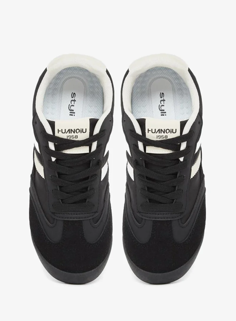 Styli black Women Contrast Striped Lace Up Sneakers for Women | Best Price UAE