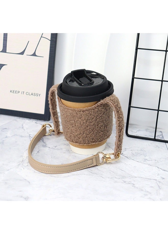 Reusable Plush Coffee Cup Holder, Portable Leather Handle Handy Water Holder for Cold and Hot Drinks, Gifts Women for Coffee Bubble Tea Drinks Carrier (Brown)  - Image 4