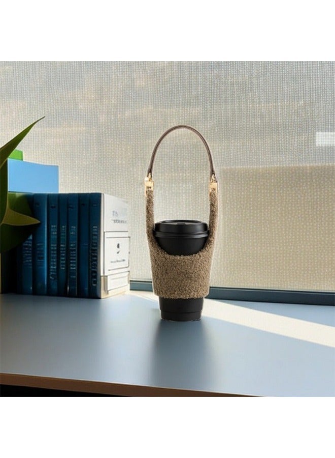 Reusable Plush Coffee Cup Holder, Portable Leather Handle Handy Water Holder for Cold and Hot Drinks, Gifts Women for Coffee Bubble Tea Drinks Carrier (Brown)  - Image 5