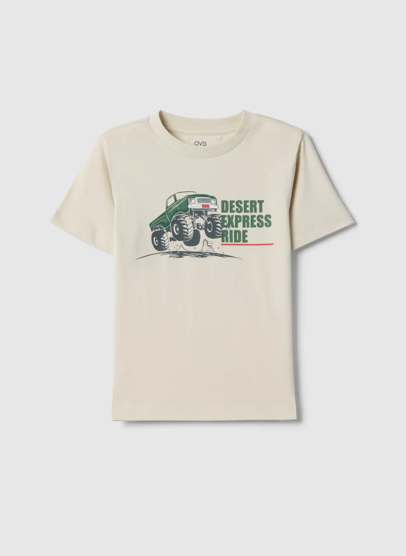 او في اس OVS Beige Regular Fit Pure Cotton T-Shirt For Children With Print