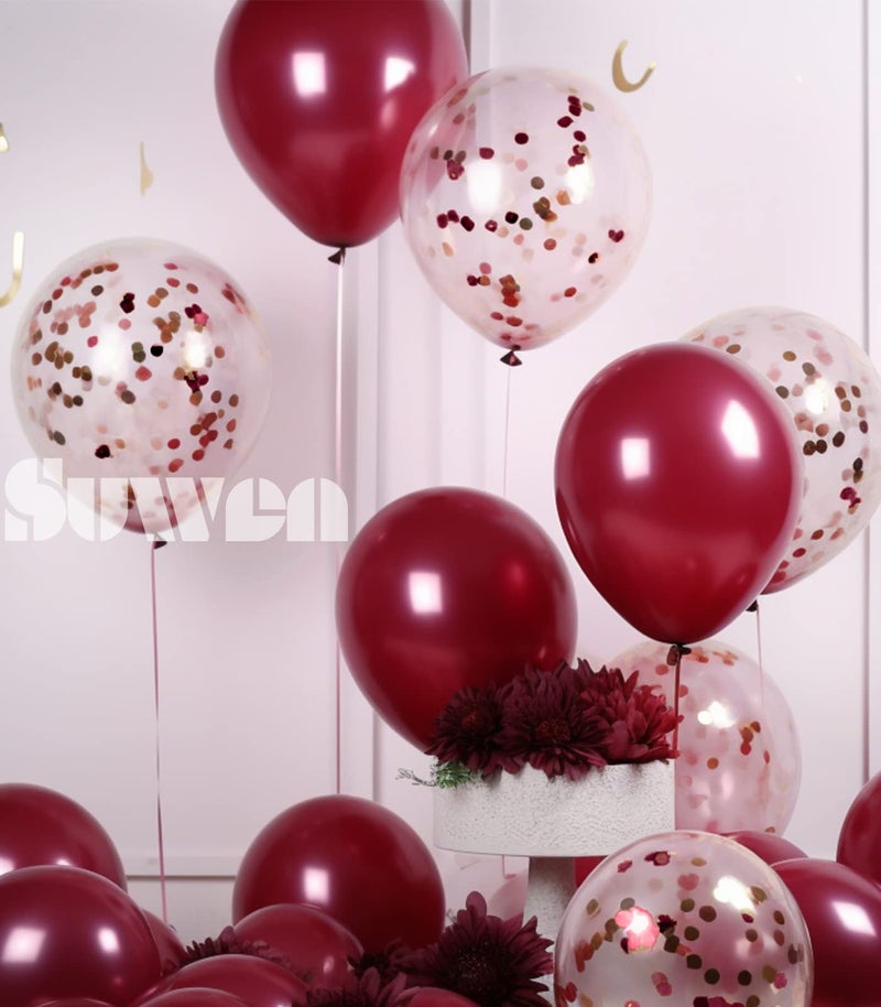 SUWEN Burgundy Balloons and Burgundy Confetti Balloons Set 47PCS Shiny Latex Helium Maroon Balloon for Birthday Graduation Anniversary Party Decorations - Image 4