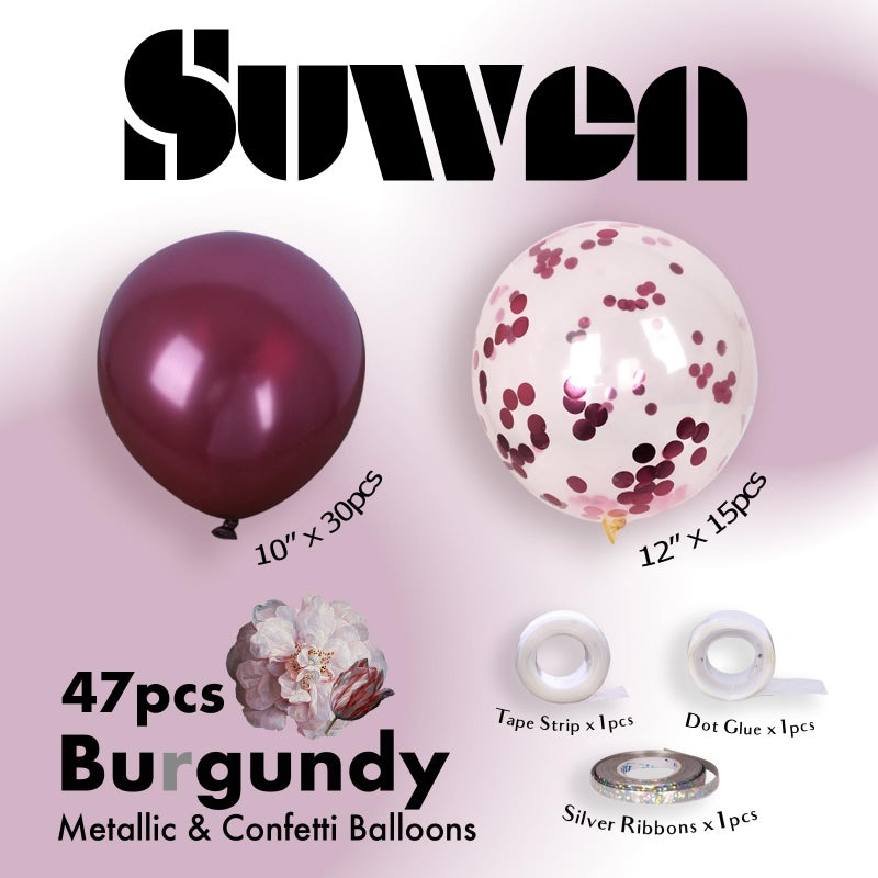 SUWEN Burgundy Balloons and Burgundy Confetti Balloons Set 47PCS Shiny Latex Helium Maroon Balloon for Birthday Graduation Anniversary Party Decorations - Image 2