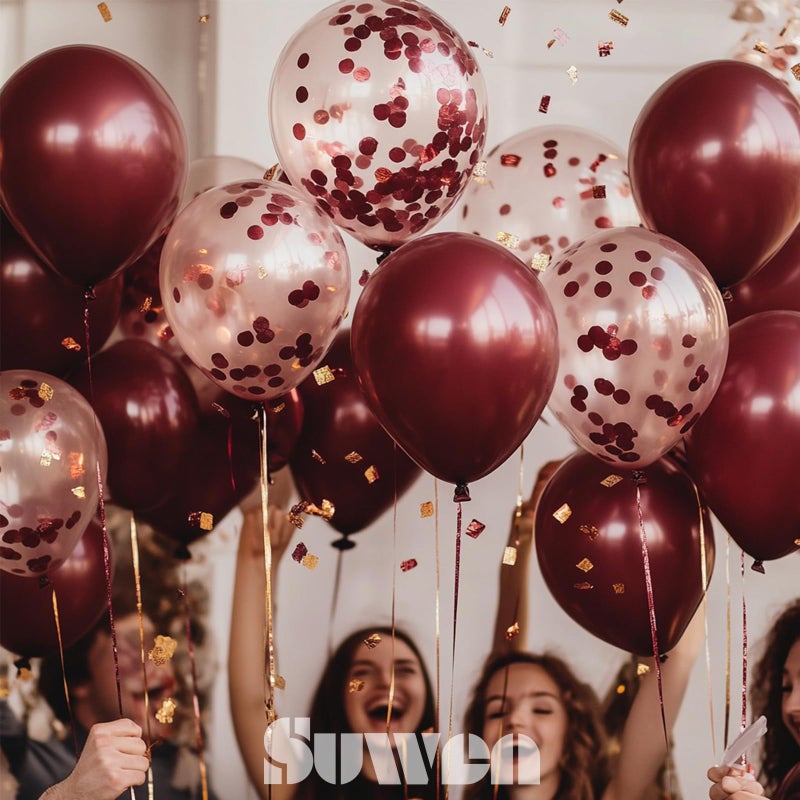 SUWEN Burgundy Balloons and Burgundy Confetti Balloons Set 47PCS Shiny Latex Helium Maroon Balloon for Birthday Graduation Anniversary Party Decorations - Image 3