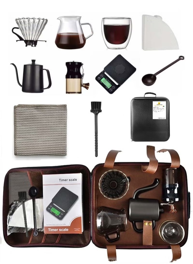 Rock Pow Pour Over Coffee Maker 11 Piece with Portable Carry Case Coffee Kettle with Thermometer Drip Filter Coffee Share Pot Filters Coffee Scale Double wall Mug Manual Coffee Grinders  - Image 1