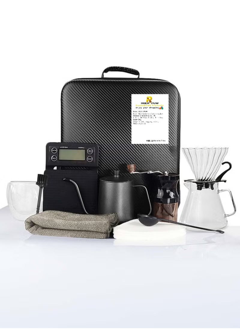 Rock Pow Pour Over Coffee Maker 11 Piece with Portable Carry Case Coffee Kettle with Thermometer Drip Filter Coffee Share Pot Filters Coffee Scale Double wall Mug Manual Coffee Grinders  - Image 3
