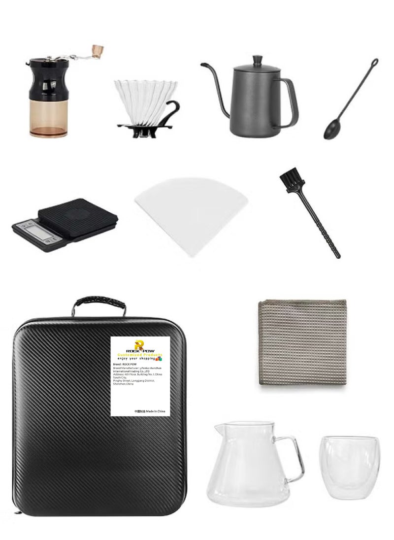 Rock Pow Pour Over Coffee Maker 11 Piece with Portable Carry Case Coffee Kettle with Thermometer Drip Filter Coffee Share Pot Filters Coffee Scale Double wall Mug Manual Coffee Grinders  - Image 2