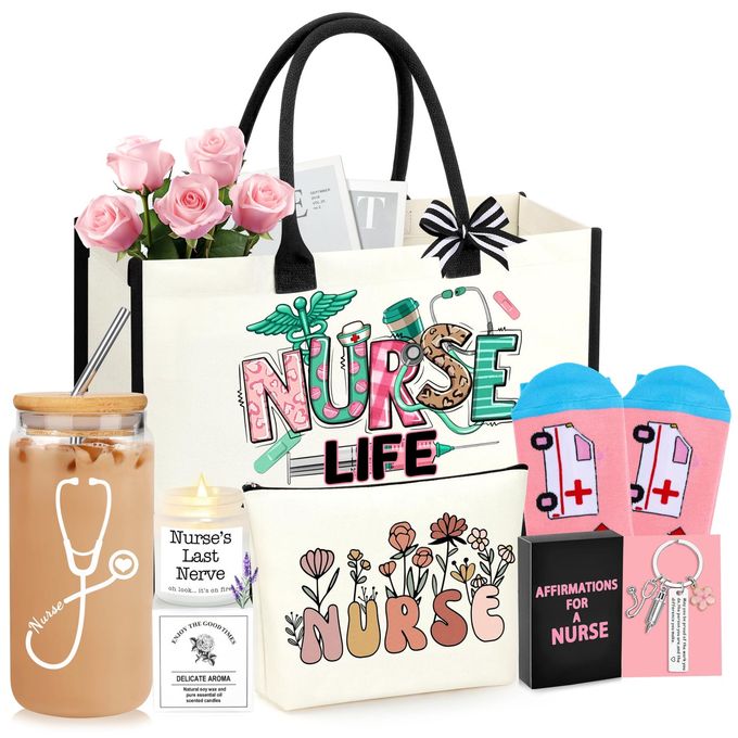 NURSE GIFTS NURSE APPRECIATION GIFT SET FOR WOMEN BIRTHDAY GIFTS FOR NURSES WEEK NURSES GRADUATION GIFT FOR NURSING STUDENT WITH CANVAS BAG SOCKS AFFIRMATIONS CARDS 16 OZ CAN GLASS