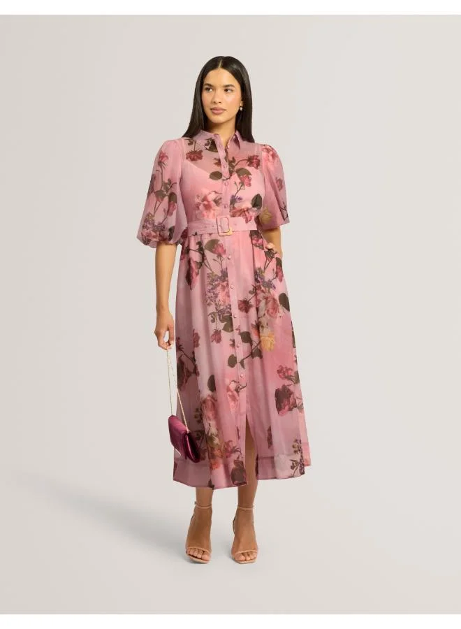 Puff Sleeve Printed Midi Shirt Dress