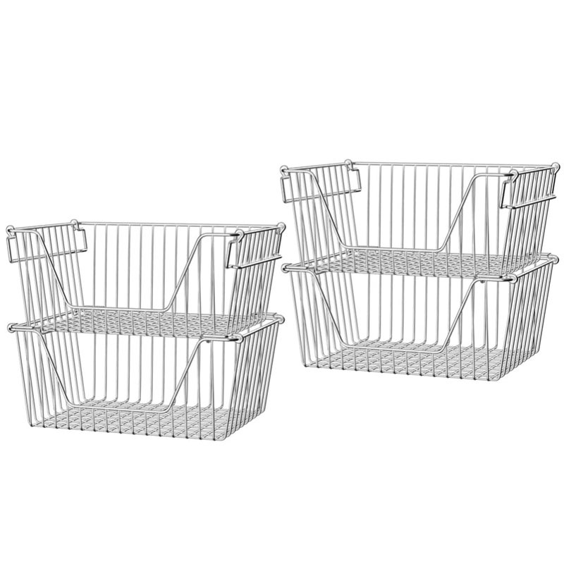 Slideep Large Stackable Storage Baskets Cabinet Organizer Sturdy Metal Wire Pantry Freezer Bin for Pantry Home Bathroom Kitchen Organization 4 Packs