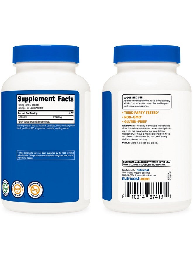 Nutricost مكمل نوتريكوست L-سيترولين 2500 ملغ لكل حصة، 60 حصة، 1250 ملغ لكل قرص، 120 قرص - خالي من الكائنات المعدلة وراثيًا وخالي من الغلوتين - Image 4