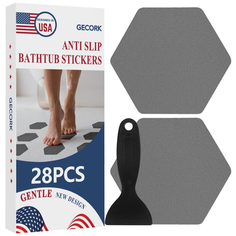 Gecork 28 Pcs Shower Floor Non Slip Stickers With Strong Adhesive  Invisible & Durable Anti Slip Shower Stickers With Scraper For Bath Tub  Pools And Stairs(Grey Hexagon) - Image 1