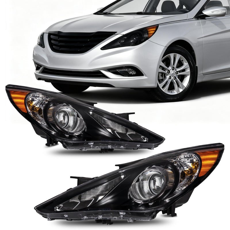 PHILTOP Headlight Assembly for 2011 2012 2013 2014 Hyundai Sonata, Black Housing with Amber Reflector & Clear Lens, Halogen Headlamp OE Replacement Driver & Passenger Side - Image 1