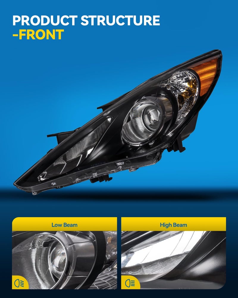 PHILTOP Headlight Assembly for 2011 2012 2013 2014 Hyundai Sonata, Black Housing with Amber Reflector & Clear Lens, Halogen Headlamp OE Replacement Driver & Passenger Side - Image 3