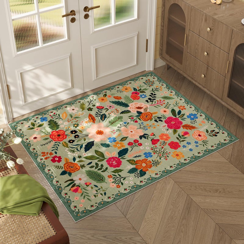 Rugcomf Door Mat Indoor Entrance 2x3 Rug Machine Washable Boho Floral Small Area Rug Non-Slip Low Pile Throw Rugs for Entryway, Kitchen, Front Door Indoor Entrance, Entry, Kids Room (Green) - Image 1