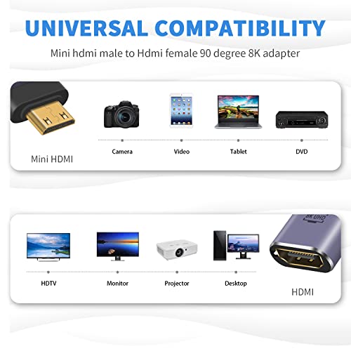 Duttek 8K Mini HDMI to HDMI Adapter, 48Gbps Down Angled HDMI Female to Mini HDMI Male Converter with LED Working Indicator Lamp, for Camera, Camcorder (2 Pack) - Image 4