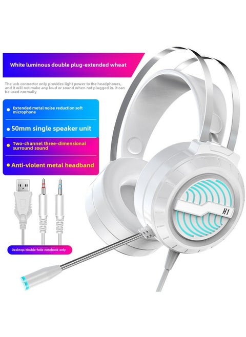 Eating Notebook Headset With Microphone Desktop Computer Chicken Game Wired Electric Headset Mobile Phone-Colour:Official Standard Configuration, No Pain When Worn For A Long Time, Three-year Warranty, Qingying White Colorful Light [double Jack Notes
