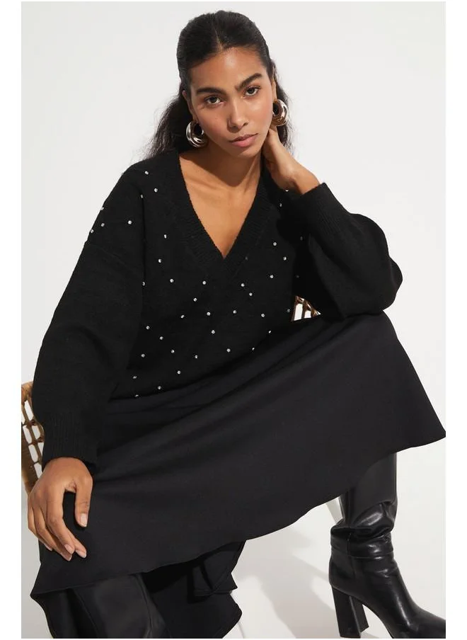 JUNE June Patterned Stone Sweater Black
