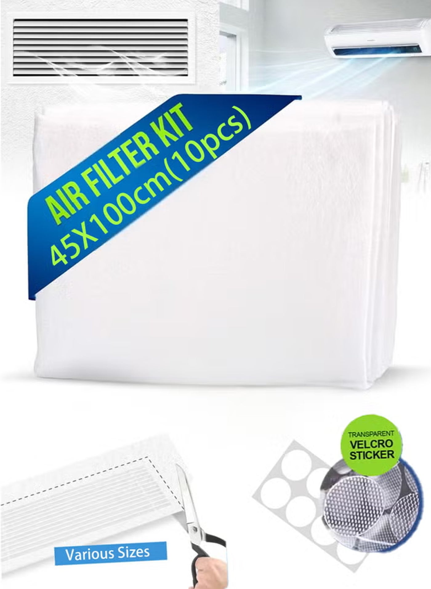 10PCS AC Filter Electrostatic Air Filter Sheet for Healthy Anti Allergy Anti Dust Airflow for Split AC & Central Air Condtioner Vent Air Filter for Clean Air Replacement 45X100CM + Velcro
