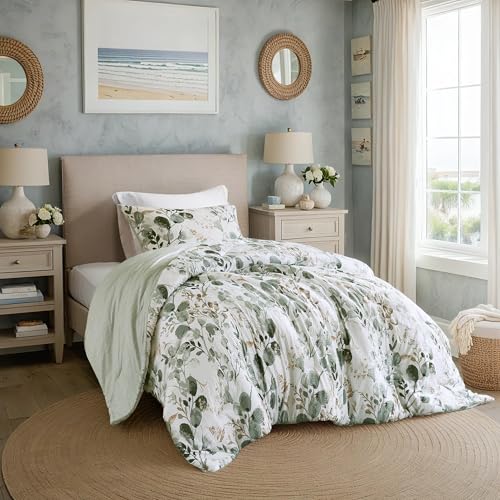 Regency Heights Lightweight Seersucker Botanical Comforter Set Twin Size, 2 Pieces Reversible Design with Striped Print, Premium Microfiber Bedding Set, Comforter and Sham Set, Green - Image 1