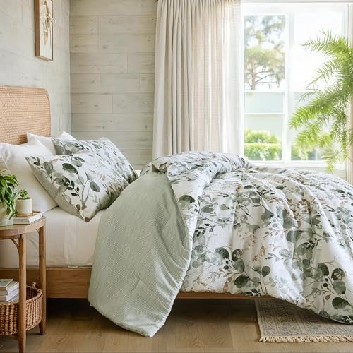 Regency Heights Lightweight Seersucker Botanical Comforter Set Twin Size, 2 Pieces Reversible Design with Striped Print, Premium Microfiber Bedding Set, Comforter and Sham Set, Green - Image 3