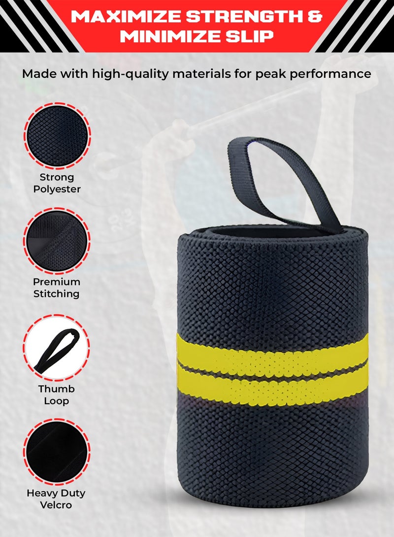 FIT TRIBE Workout Wrist Straps for Powerlifting - Premium Wrist Support for Men & Women - Thumb Loops for Extra Grip and Comfort - Ideal for Weightlifting and Intense Workouts (Yellow Stripes) - Image 2