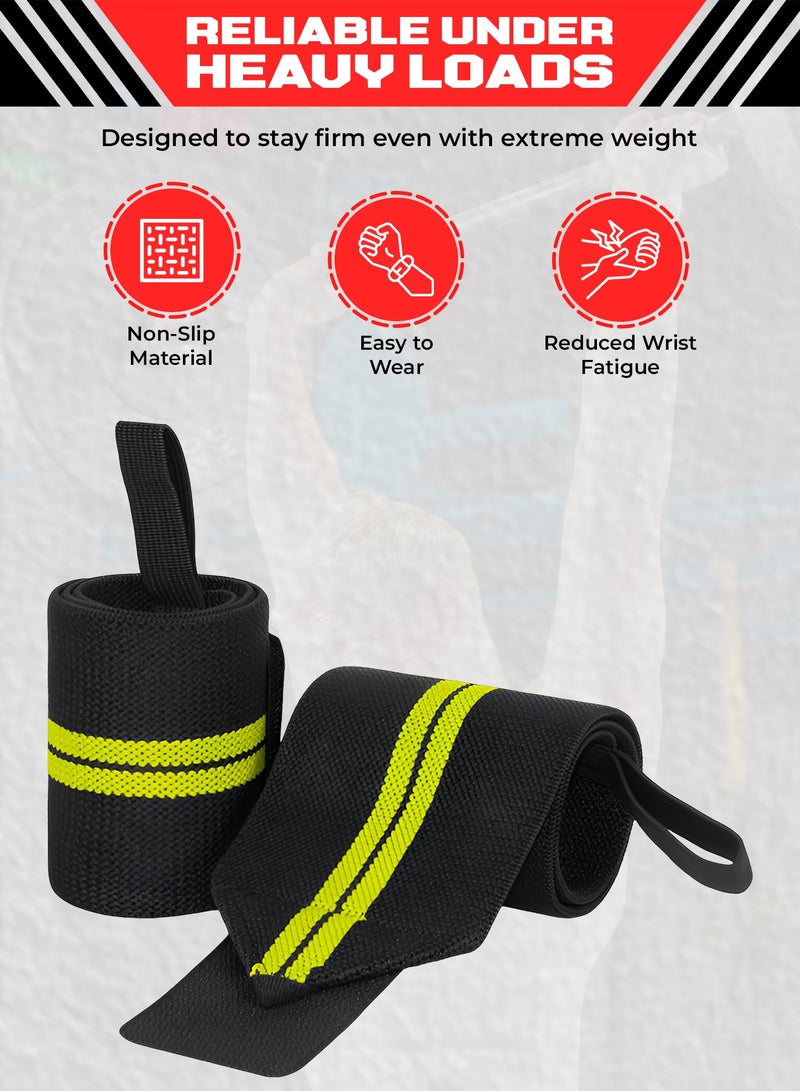 FIT TRIBE Workout Wrist Straps for Powerlifting - Premium Wrist Support for Men & Women - Thumb Loops for Extra Grip and Comfort - Ideal for Weightlifting and Intense Workouts (Yellow Stripes) - Image 3