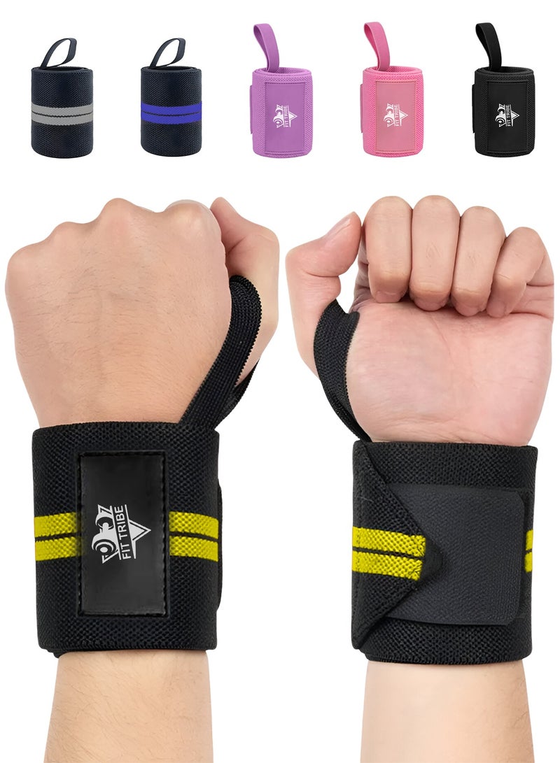 FIT TRIBE Workout Wrist Straps for Powerlifting - Premium Wrist Support for Men & Women - Thumb Loops for Extra Grip and Comfort - Ideal for Weightlifting and Intense Workouts (Yellow Stripes) - Image 1