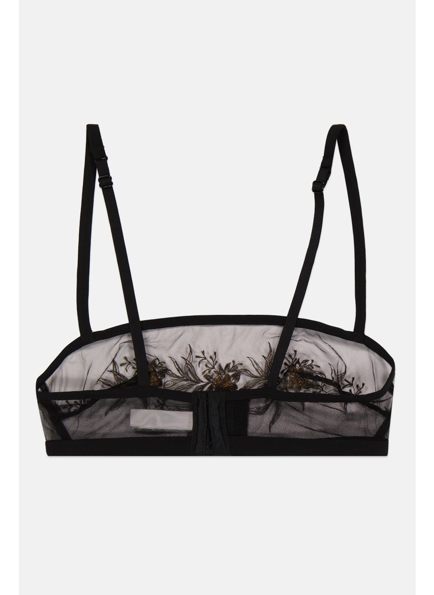 Etam Women Non Padded Wireless Embroidered Lace Bra, Black  - Image 2