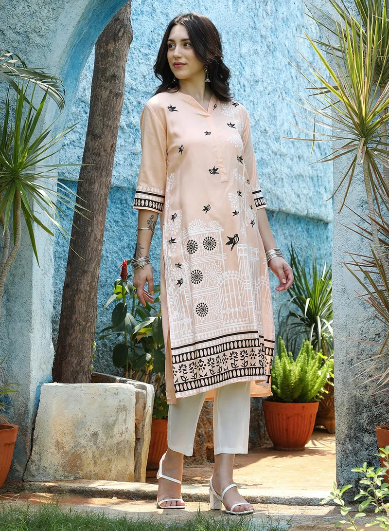  قصة Women's Peach Orange Bird Print Kurta With Chalk White Trousers Set
