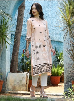  قصة Women's Peach Orange Bird Print Kurta With Chalk White Trousers Set  - Image 3