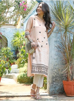  قصة Women's Peach Orange Bird Print Kurta With Chalk White Trousers Set  - Image 5