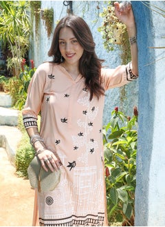  قصة Women's Peach Orange Bird Print Kurta With Chalk White Trousers Set  - Image 1